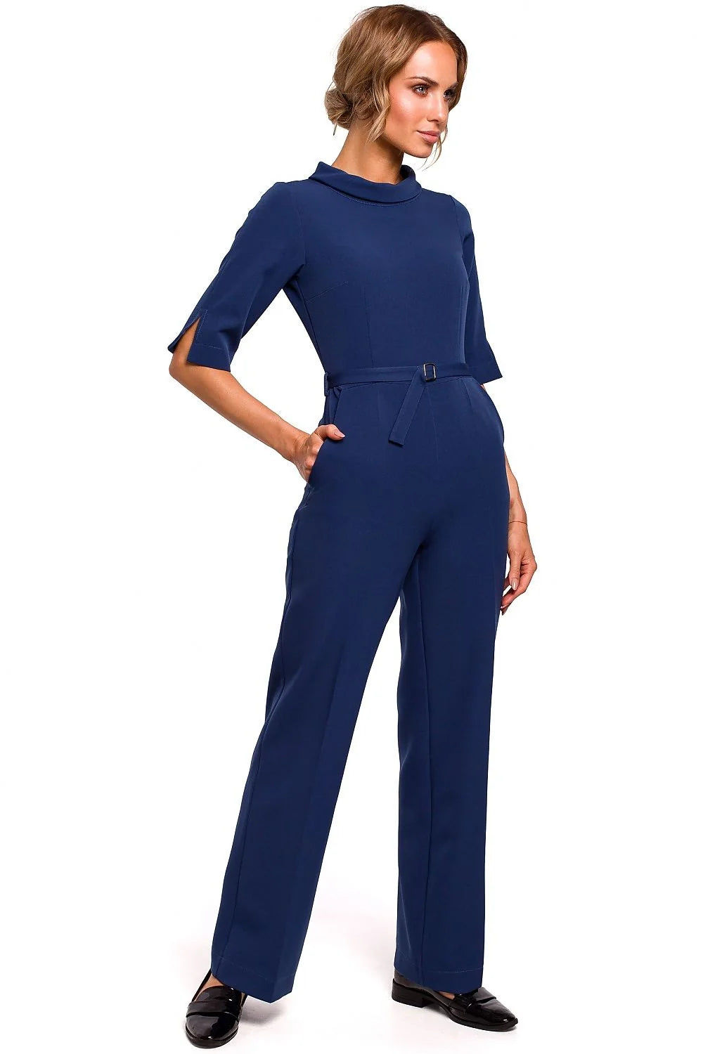 combinaison noire élégante moderne coupe droite jambes larges taille marquée ceinture manches trois quarts poches latérales polyester stretch