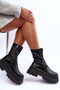 bottines plates lacets latéraux cuir artificiel noir plateforme massive talon plat renforcé semelle crantée antidérapante mi mollet fermeture éclair latérale