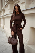 ensemble SHIRA bronze marron chocolat chemisier manches longues pantalon palazzo taille élastique poches fluide viscose élasthanne coupe ajustée tombé chic