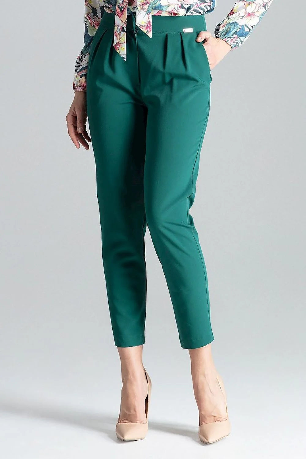 Pantalon femme cigarette 7/8 plis devant poches biais fermeture zip taille haute vert émeraude polyester viscose occasion professionnelle soirée
