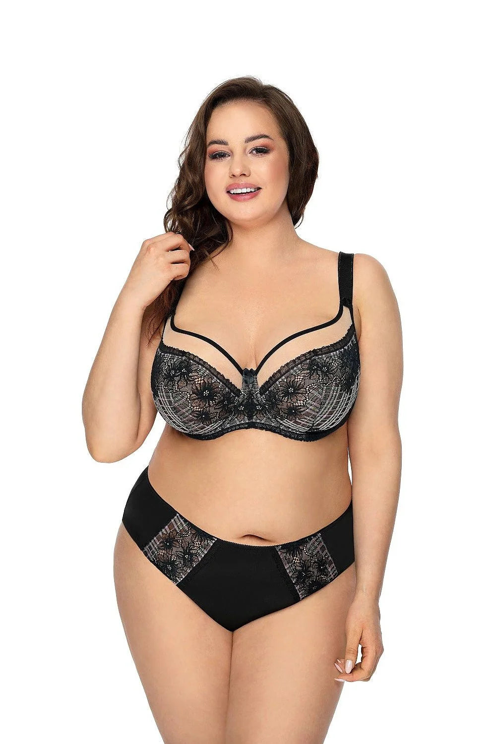 Soutien-gorge élégant pour femmes à forte poitrine dentelle noire floral maille beige élasthanne ajustable