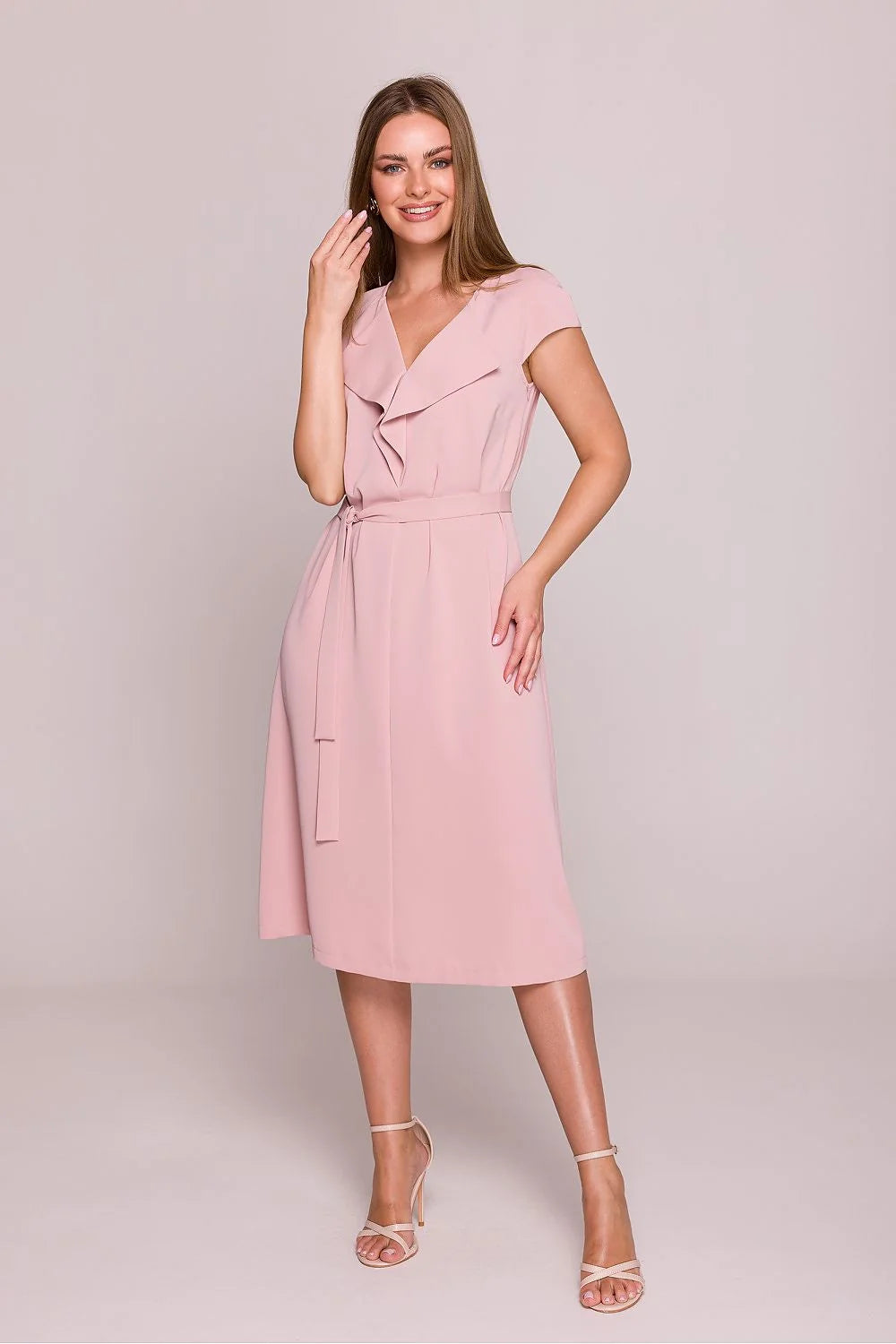 Robe de cocktail élégante A-line couleur rose pâle manches courtes ceinture en tissu femme