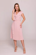 Robe de cocktail élégante A-line couleur rose pâle manches courtes ceinture en tissu femme