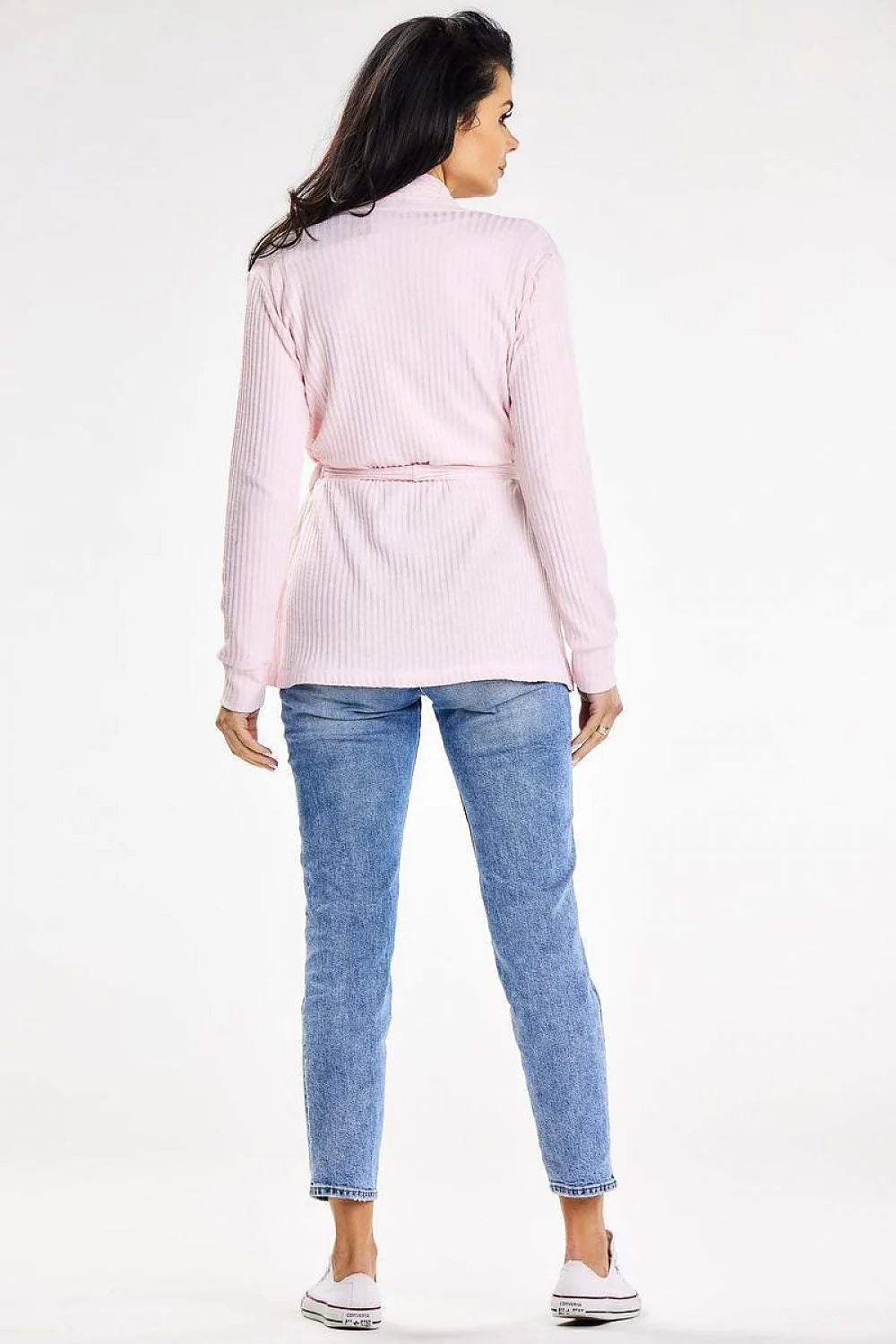 Cardigan femme awama col châle long ample polyester spandex viscose ceinture assortie light pink printemps été