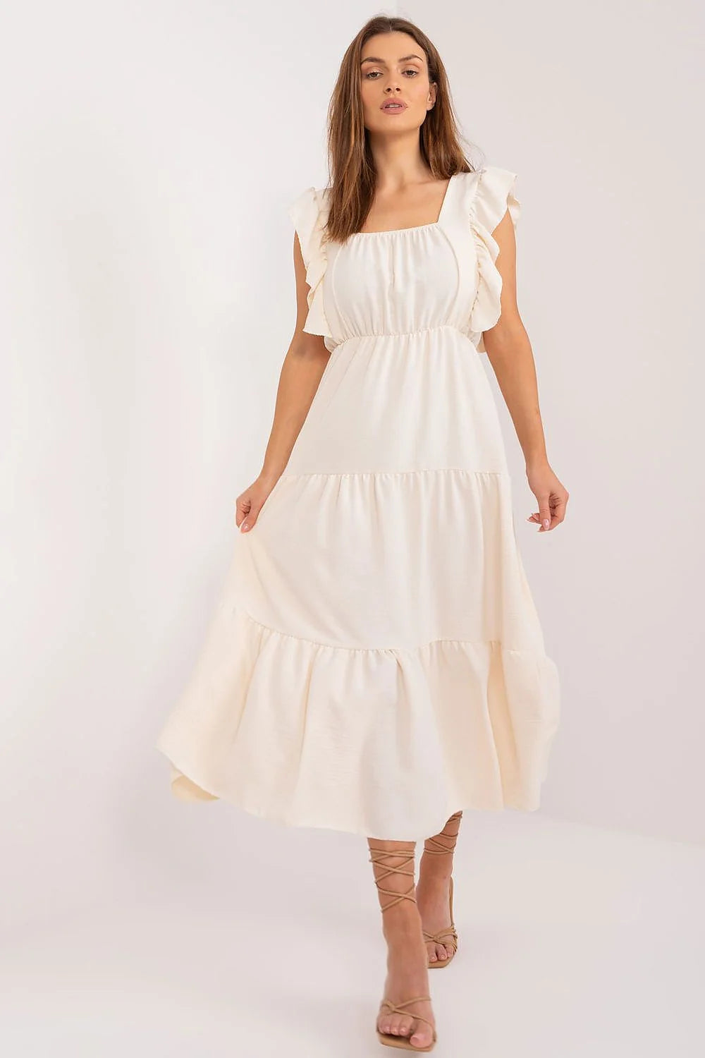 Robe de jour Italy Moda longue sans manches en coton lin style romantique couleur ivoire volants évasé