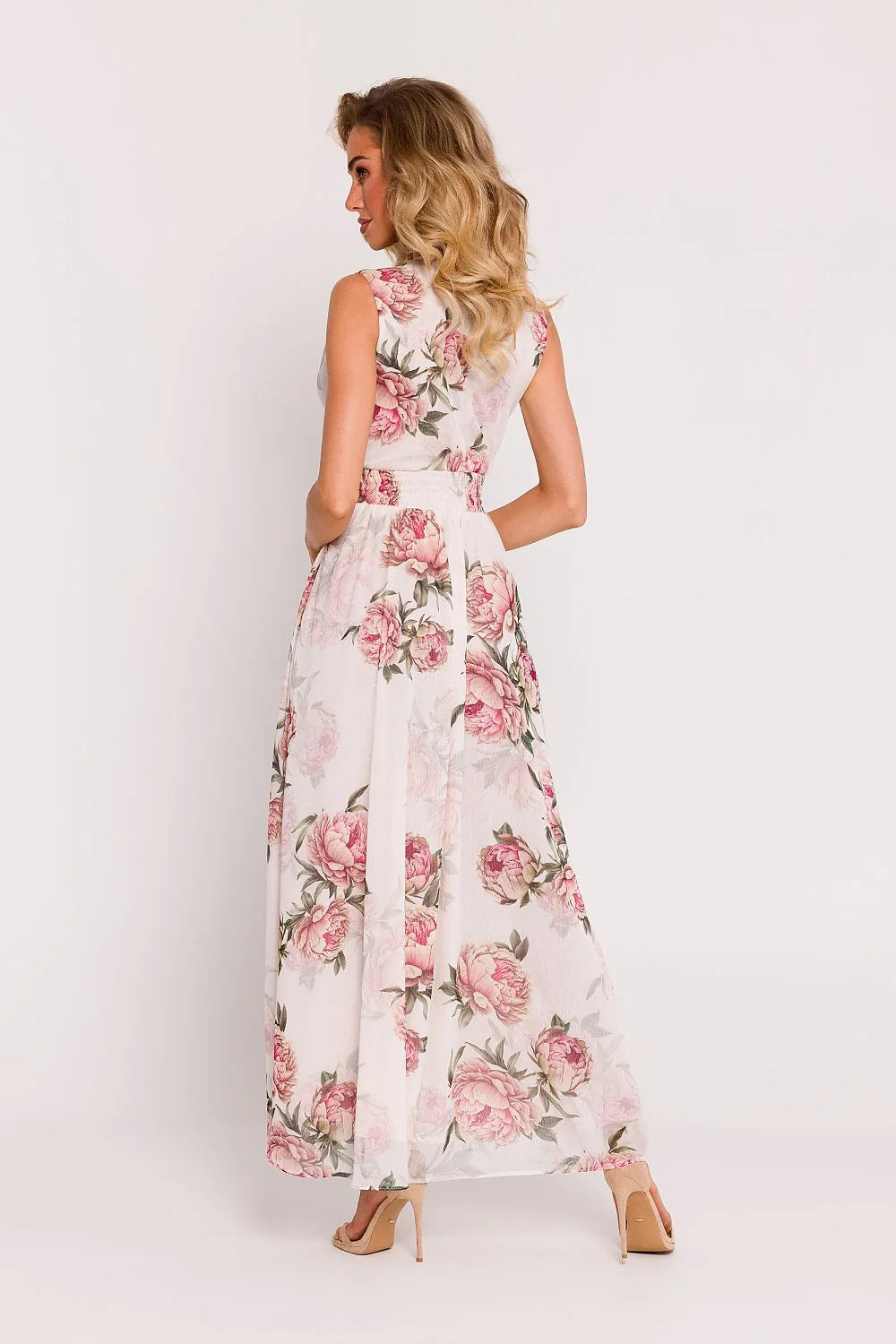 Robe de jour Moe longue en mousseline de soie Pologne fente haute décolleté V sans manches ceinture ajustable