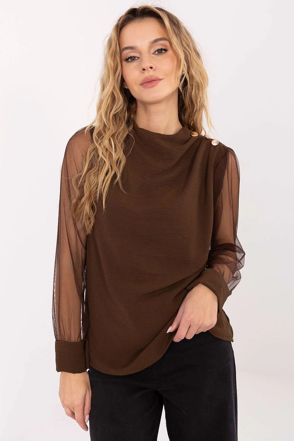 chemisier femme chocolat col montant maille fine manches longues tulle transparent bouffantes plis épaules boutons dorés droite fluide viscose