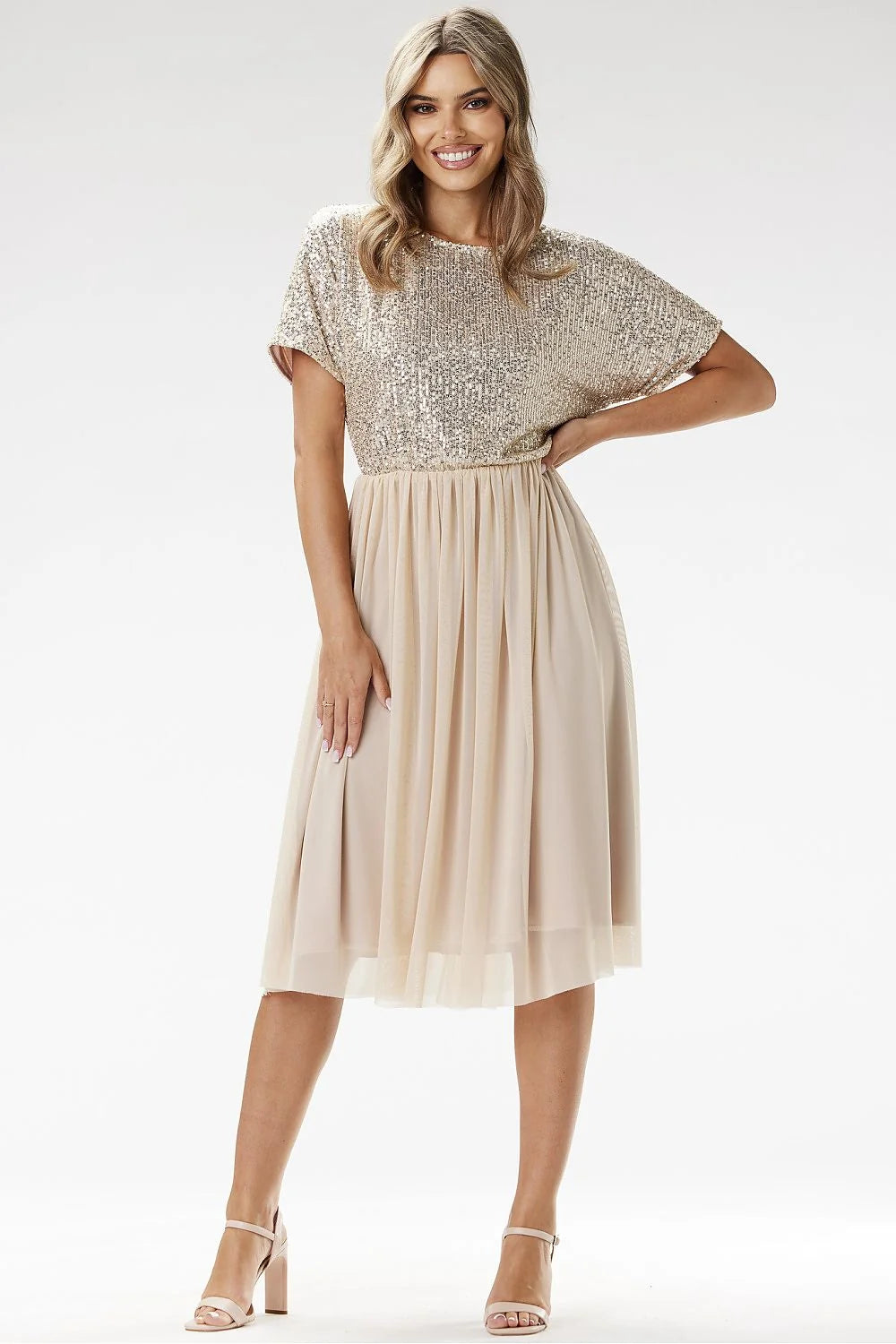 Robe de soirée élégante longueur midi manches courtes paillettes dorées tulle doublé Awama femme occasion spéciale