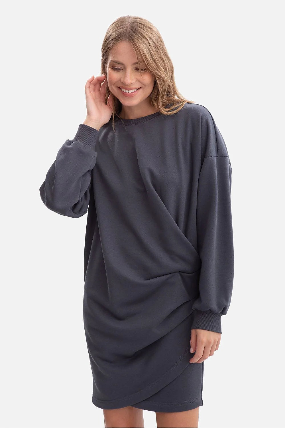 robe femme oversize sweat jersey molleton doux doublure bouclette col rond manches longues poignets côtelés mini longueur asymétrique