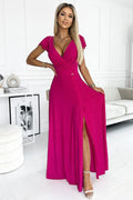 Robe de soirée élégante longue paillettes fuchsia décolleté V manches courtes fente jambes dos zip ajustable femme