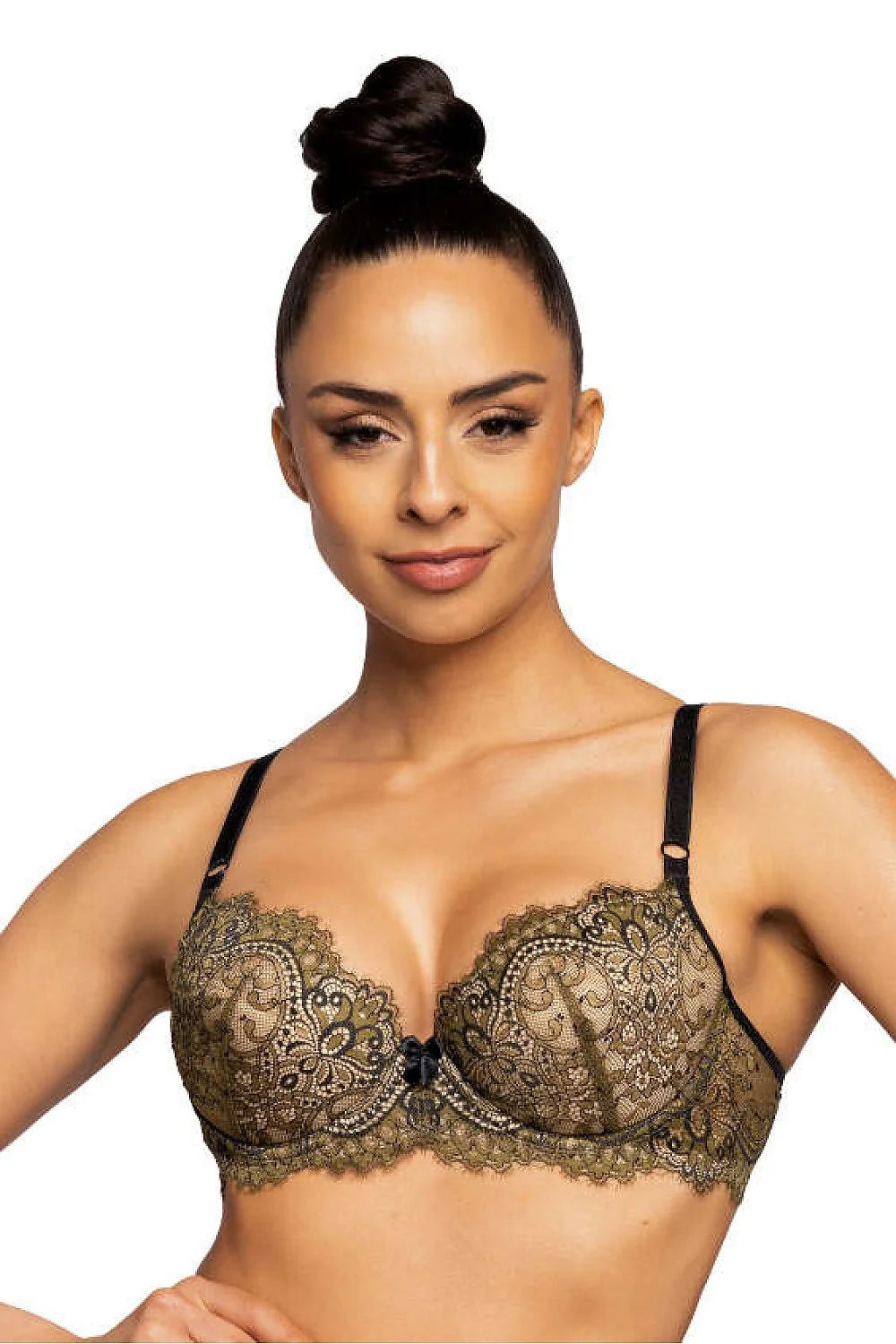 balconnet pushup dentelle bicolore doré noir rembourré armatures galbé décolleté plongeant festonné noeud central bretelles réglables agrafes glamour sophistiqué