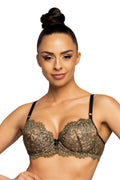 balconnet pushup dentelle bicolore doré noir rembourré armatures galbé décolleté plongeant festonné noeud central bretelles réglables agrafes glamour sophistiqué