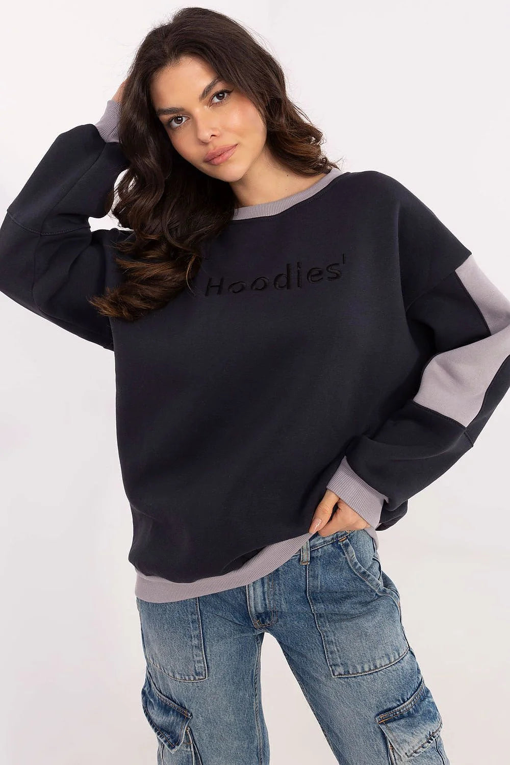 Sweatshirt femme style casual moderne manches longues contrastantes tissu coton polyester oversized couleur marine grise