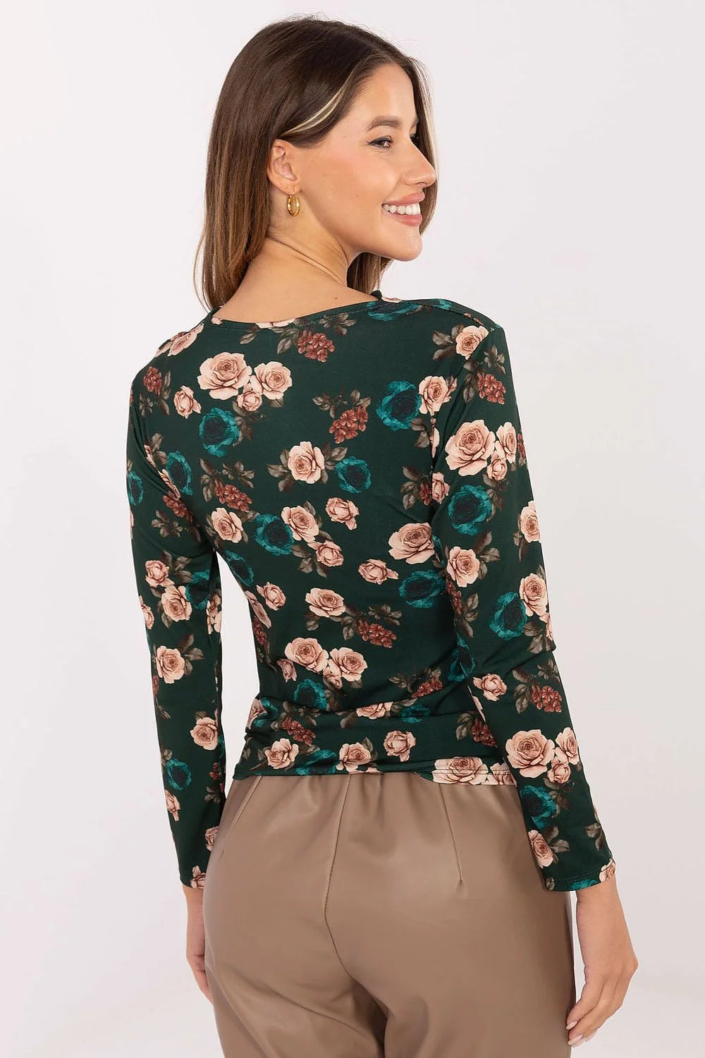 chemisier femme ajusté viscose polyester floral vintage vert sapin roses poudrées turquoise manches longues col bénitier drapé boucle dorée épaule