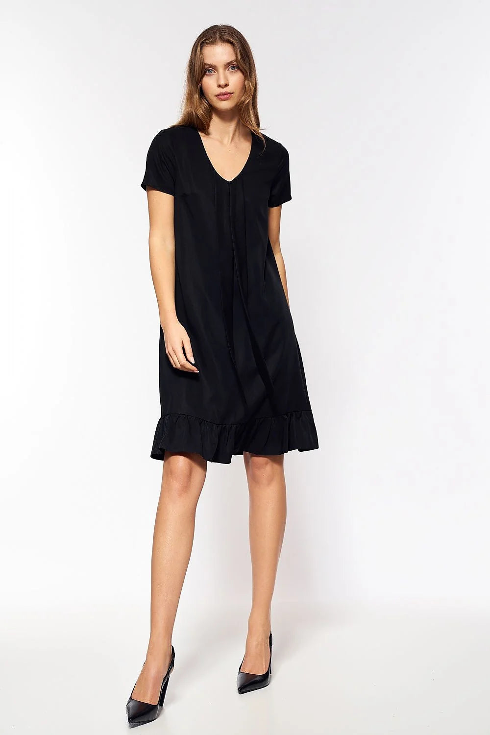 Robe de jour Nife design épuré élégant viscose spandex coupe droite genoux décolleté V nœud central manches courtes style décontracté semi-formel couleur rouge garde-robe moderne femme