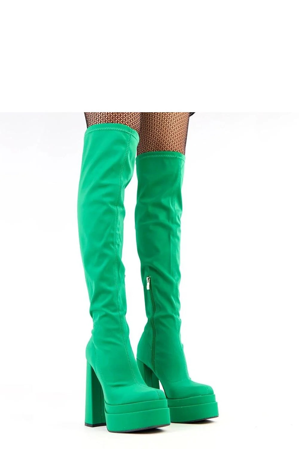 bottes mousquetaire cuissardes vert vif tissu stretch tige haute 53cm plateforme talon poteau nez carré doublure chaude