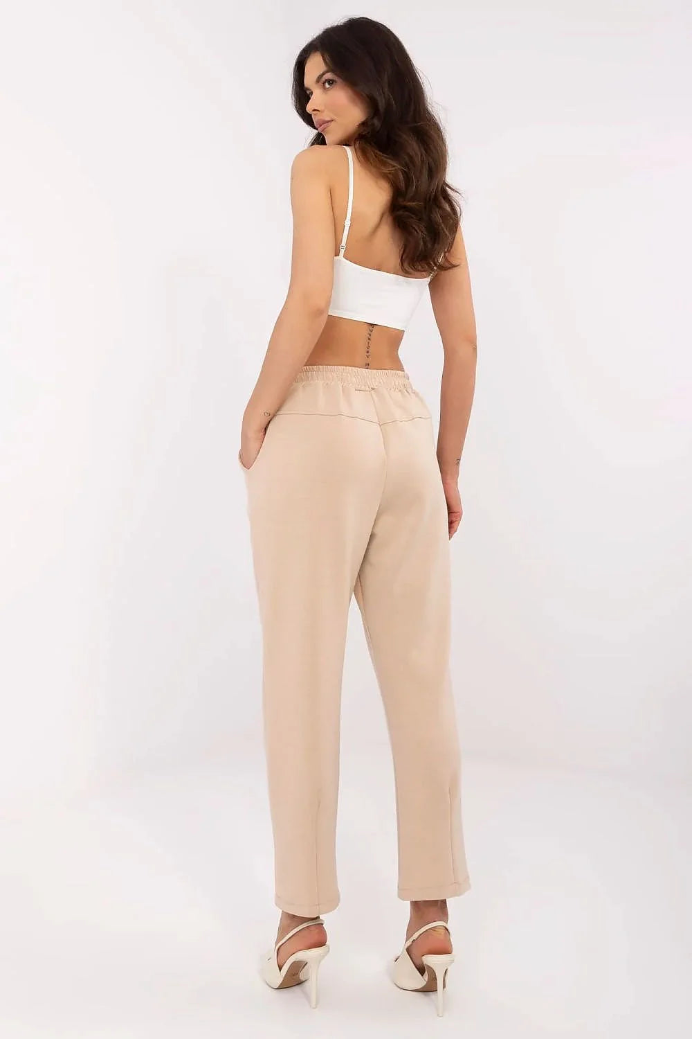 Pantalon survêtement Italy Moda ensemble crop top blanc beige high waist élasthanne polyester coton féminin mode élégant décontracté