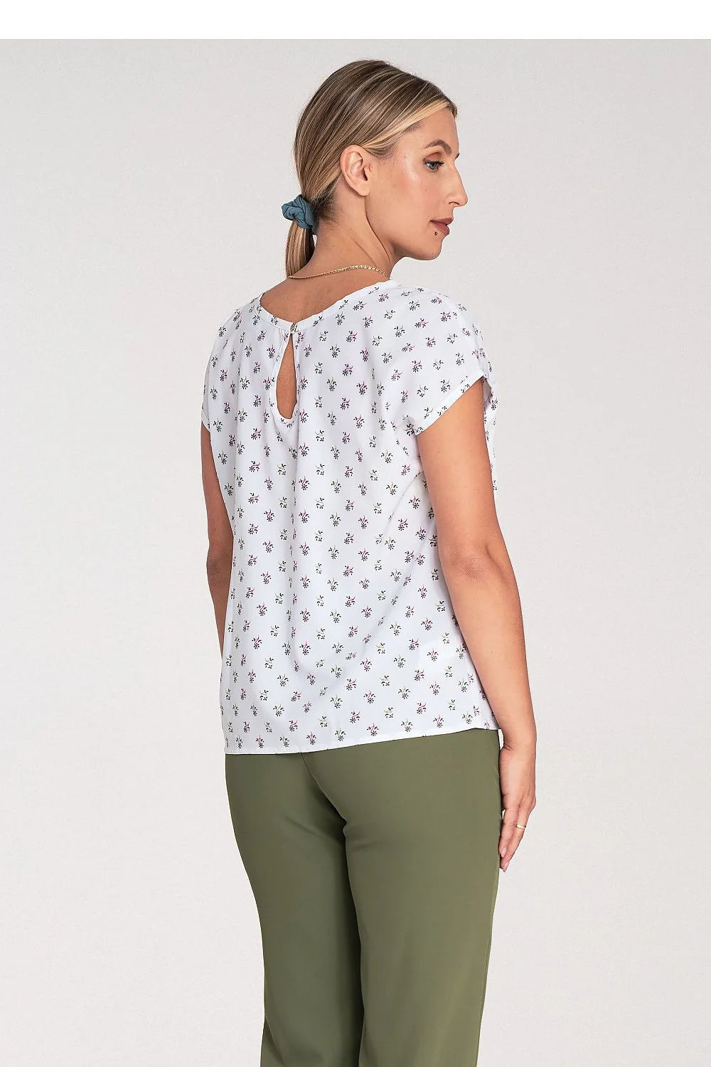 Chemisier à manches courtes en polyester élasthanne floral blanc femme coupe droite encolure ronde fermeture dos