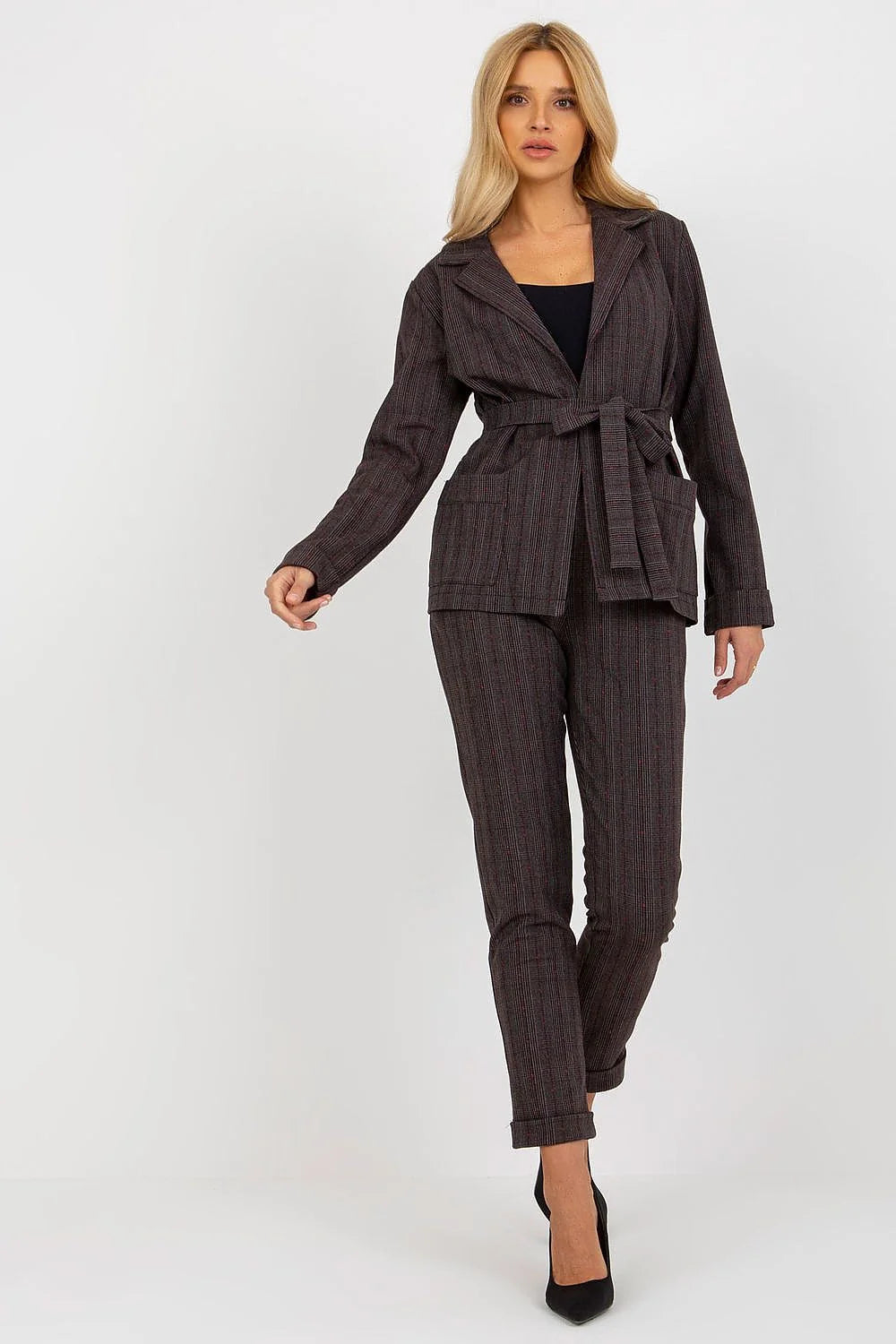 Veste Lakerta pour femme blazer à carreaux manches longues ceinture à nouer coupe droite tissu gris foncé accents rouge polyester viscose elasthanne tailles 36-42