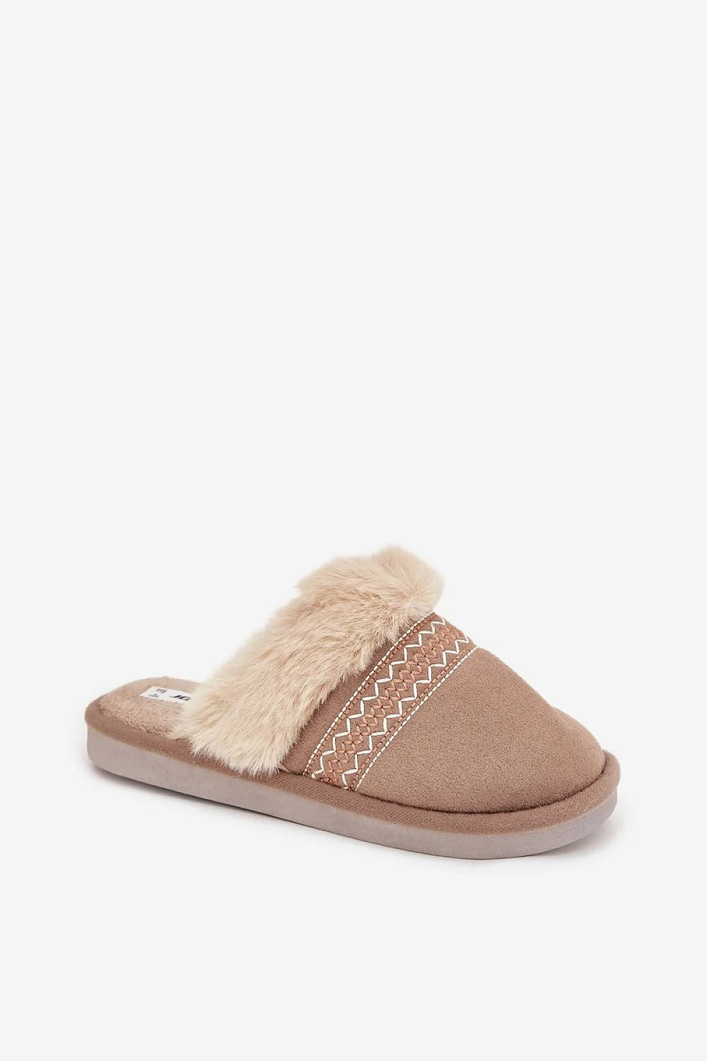 chaussons mules intérieur femme fermé talon ouvert suédine taupe broderie zigzag revers fausse fourrure crème doublure pelucheuse semelle antidérapante
