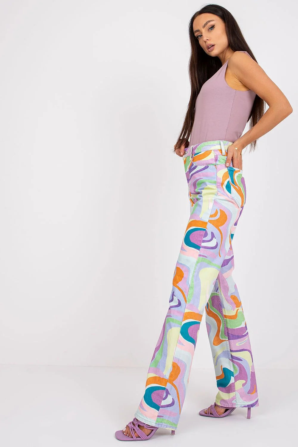 Débardeur ajusté sans bretelles couleur mauve Pantalon psychédélique motif courbes audacieuses Ensemble tendance été femme