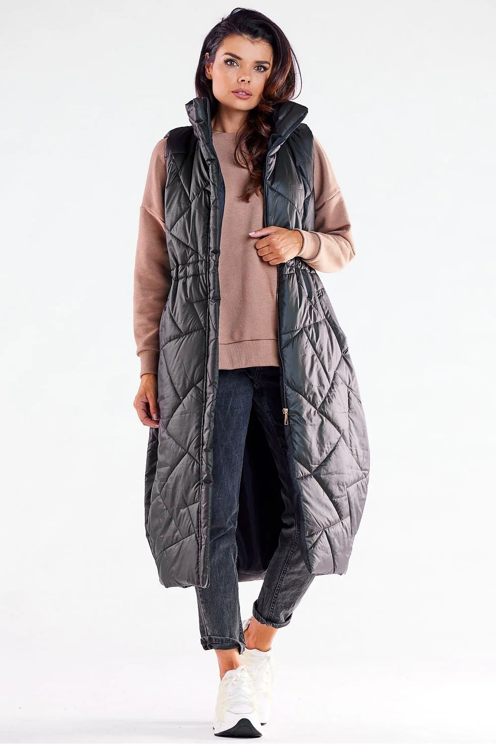 Gilet awama doudoune longue sans manches pour femmes coupe moderne col montant matelassé en diagonale couleur rouge vif polyester 100% taille S/M L/XL