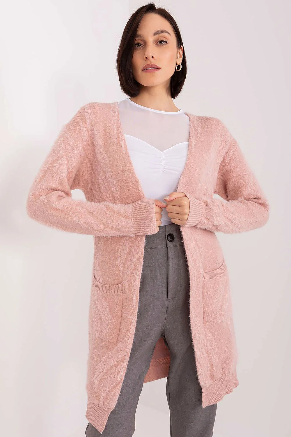 Cardigan pour femme élégant en laine longueur mi-cuisse manches longues couleur rose pâle sans fermeture poches patchées