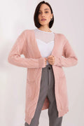 Cardigan pour femme élégant en laine longueur mi-cuisse manches longues couleur rose pâle sans fermeture poches patchées