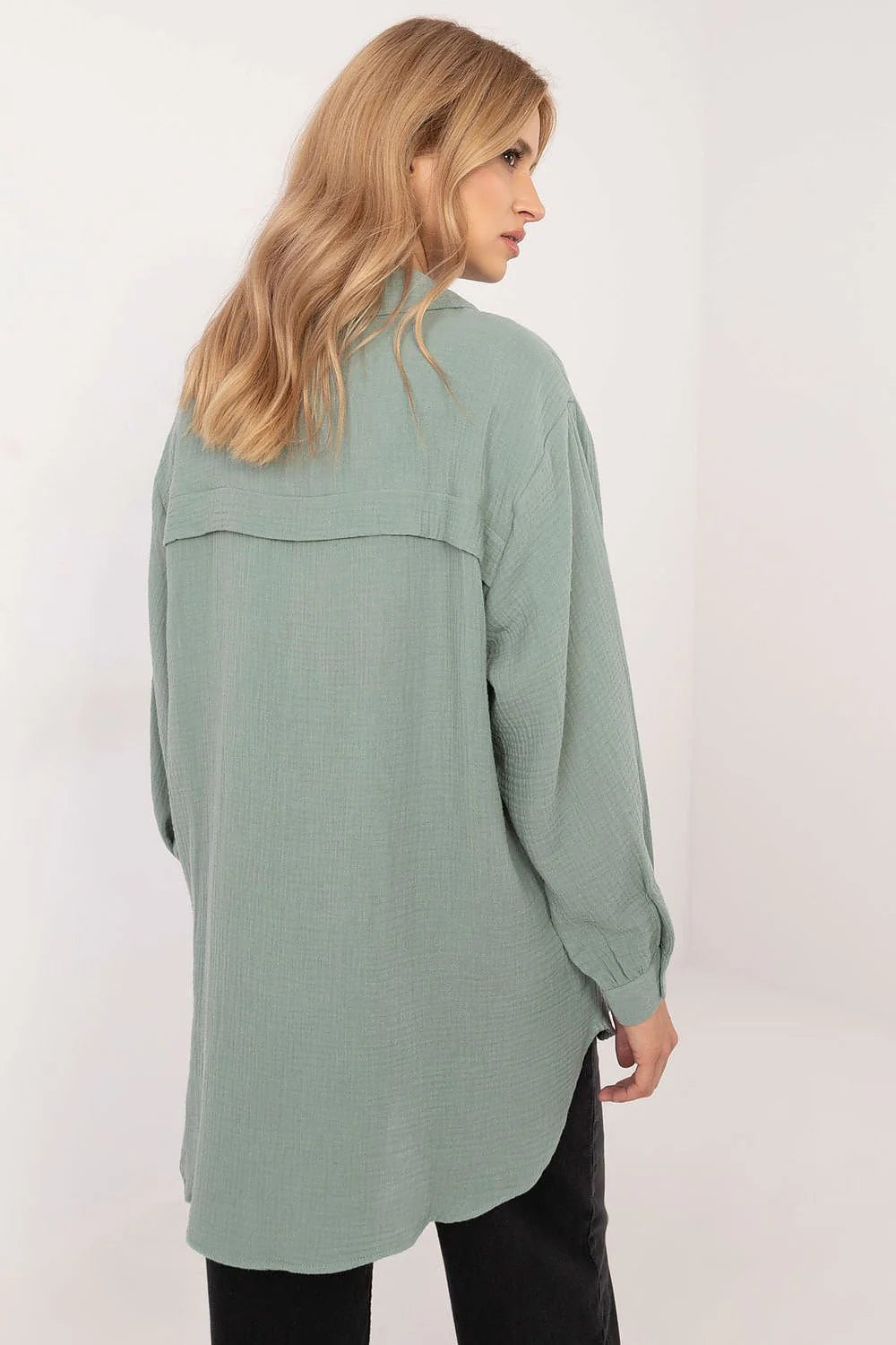 Chemise femme verte longue manches longues puffed coton écologique décontractée mode polyvalente élégance confort tendance