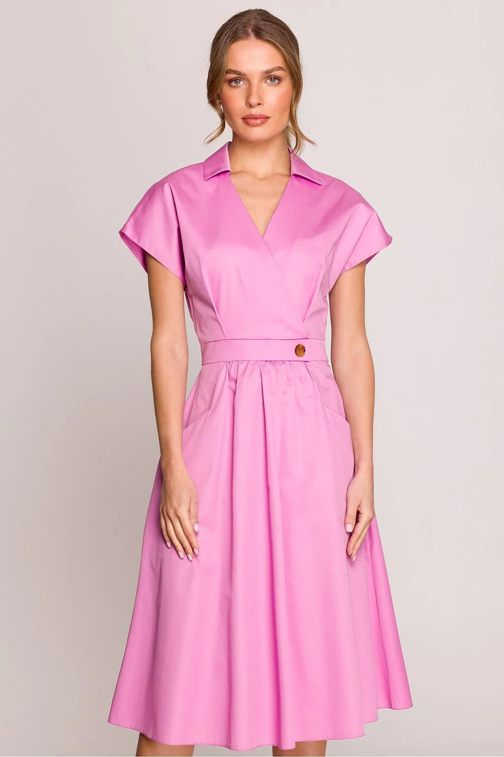 Robe de jour élégante A-line V-neck manches courtes ceinture tissu vibrant rose poplin femme