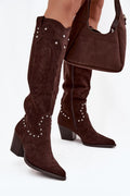 bottes western femme suédine écologique marron foncé hautes surpiqûres rivets argentés bouts pointus talon pilier moyen fermeture éclair latérale confortable