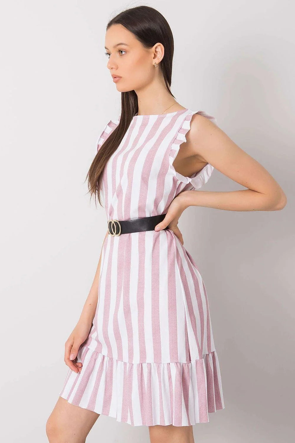 Robe d'été sans manches rayures blanches et roses coton 100 % ceinture métal doré femme