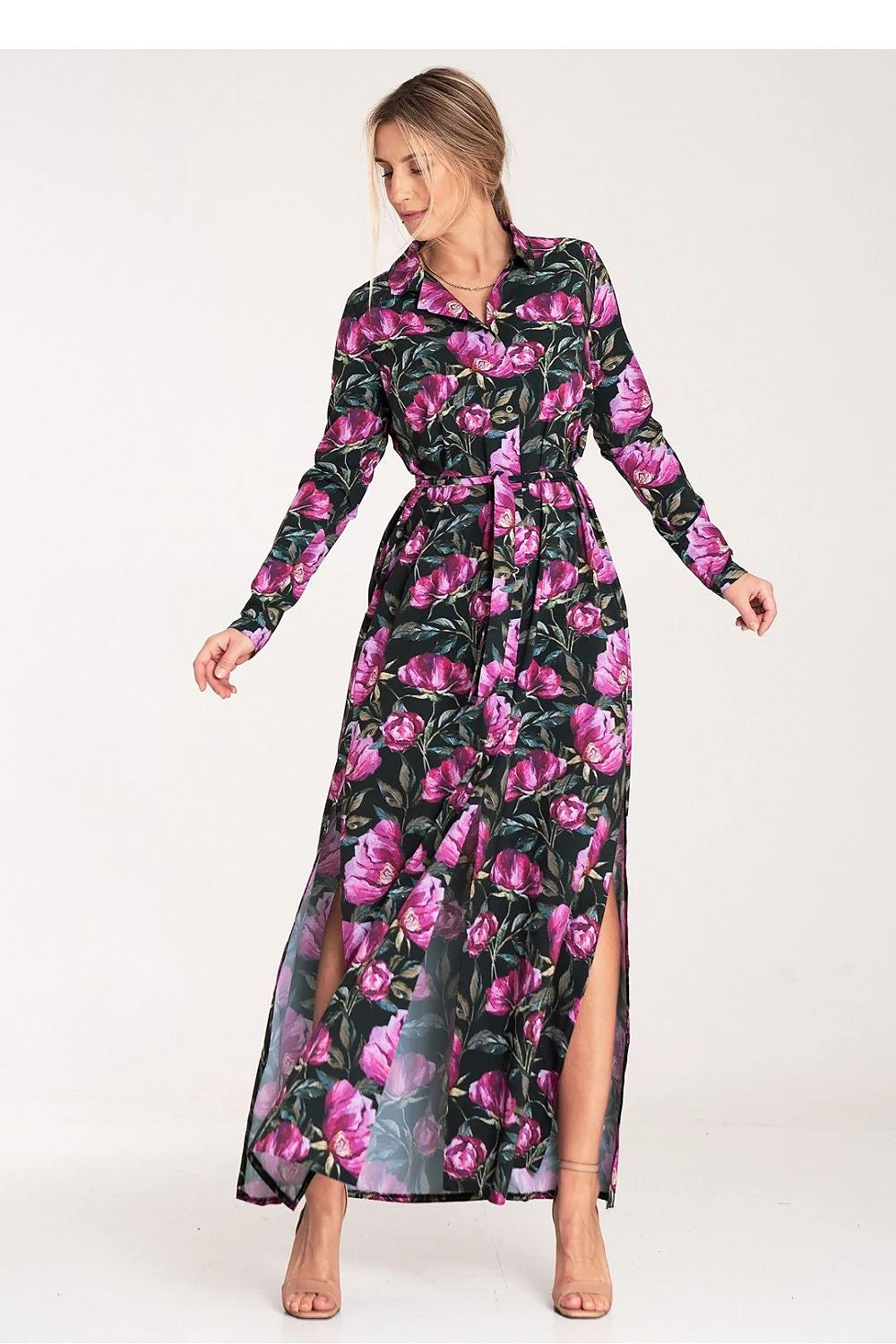 Robe de jour élégante longue manches longues motif floral rose violet noir taille ajustable femme