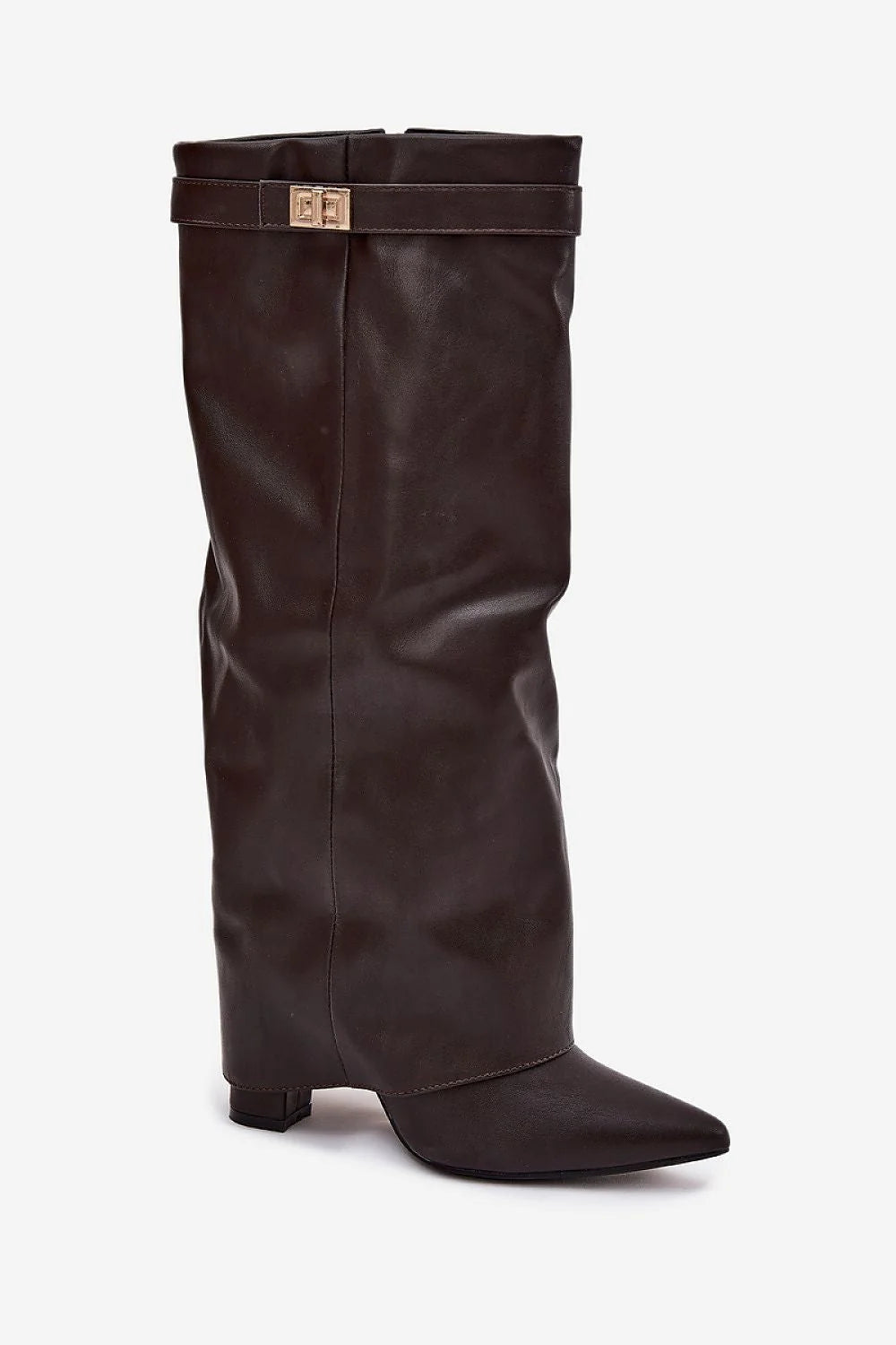 bottes femme similicuir genou marron foncé bout pointu talon colonne confortable tige repliée bride dorée boucle fermeture éclair