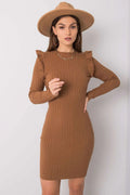 Robe femme maille marron rayures volants élégante moderne ajustée manches longues automne-hiver chic