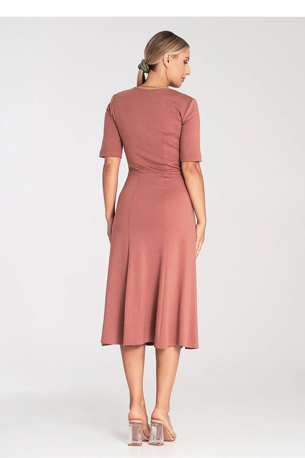 robe midi femme aline cintrée évasée manches troisquarts decoupeV fermeture laterale zip maille stretch viscose polyester elasthanne vieux rose poudré