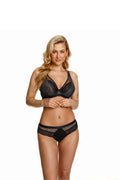 ensemble lingerie féminine élégant noir dentelle microfibre soutiengorge triangle tulle semitransparent floral plongeant bande souspoitrine élastique culotte bikini taillebasse bretellesajustables