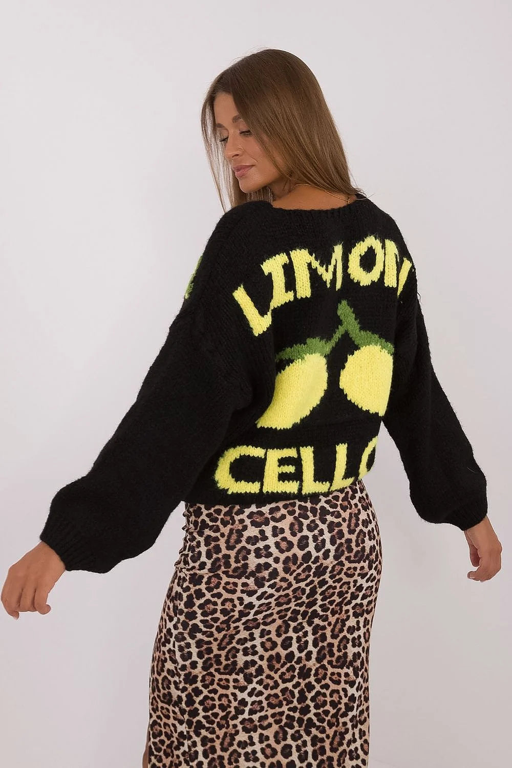 Cardigan femme style casual motif dos jaune vert manches longues col V noir Italy Moda