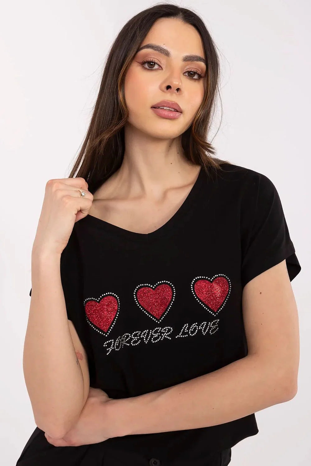 T-shirt pour femmes en coton motifs cœur sequins Forever Love style décontracté manches courtes encolure V noir