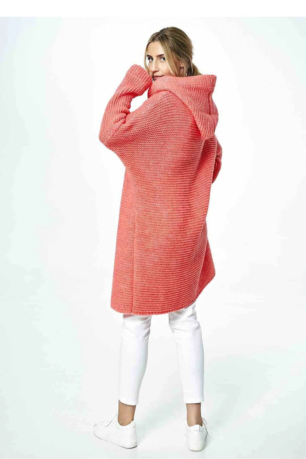 Cardigan femme moderne en laine et acrylique, couleur corail, longueur genoux, capuche intégrée, manches longues, sans poches, taille universelle