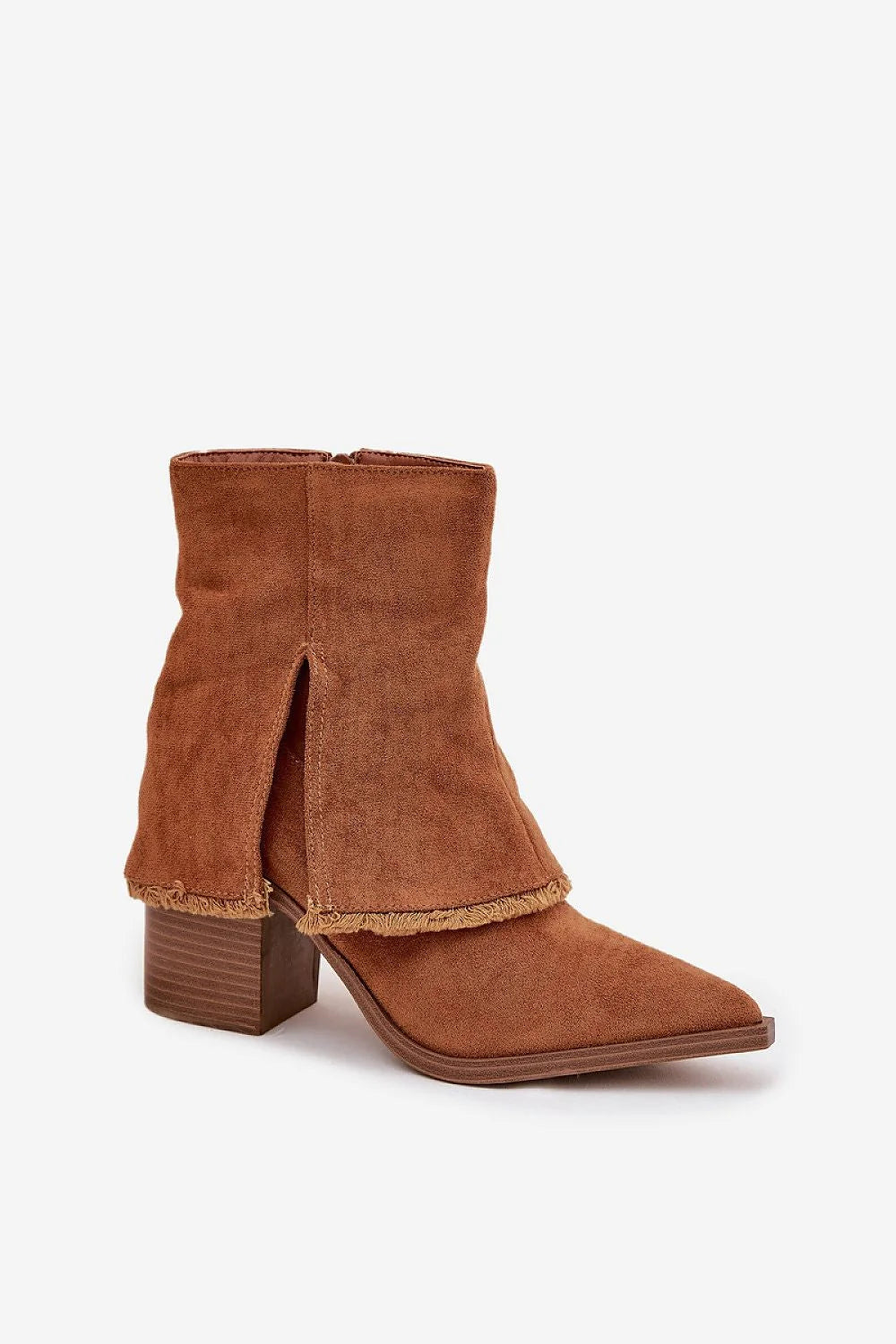 bottines femme suédé écologique cognac tige repliée cheville bout pointu talon pilier neuf centimètres stable zippée volant effiloché
