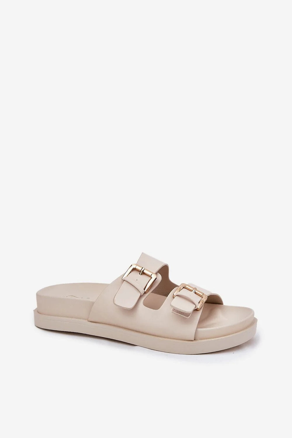 Sandales femmes style estival moderne simili cuir beige clair deux brides larges boucles dorées semelle épaisse confortable