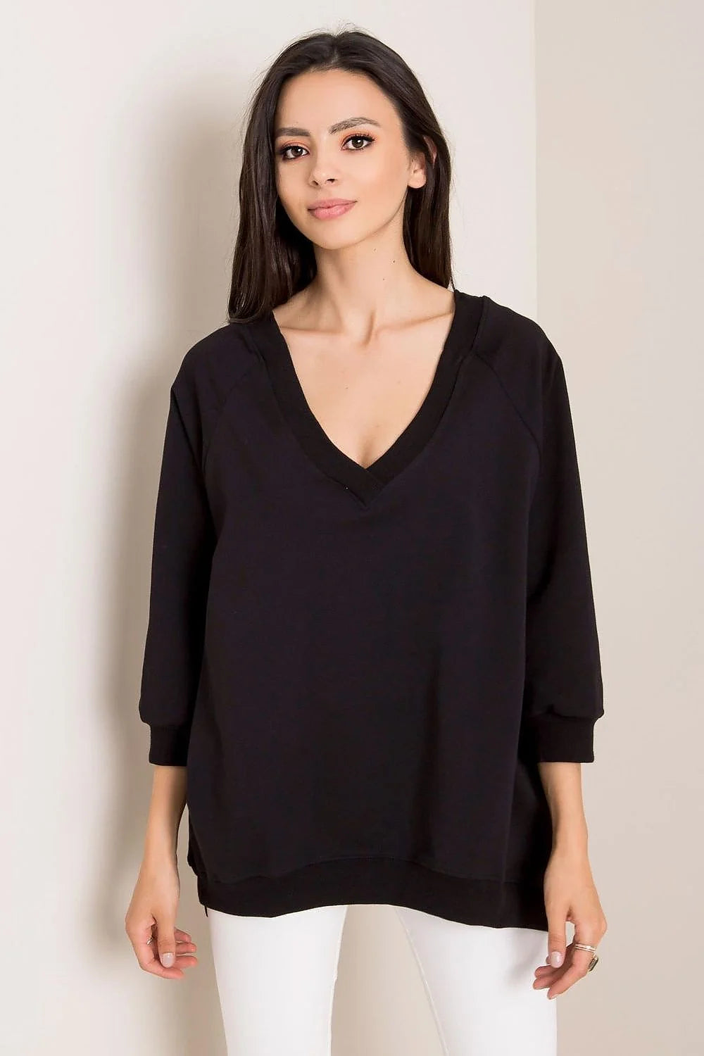 Sweatshirt Rue Paris ample manches longues encolure V couleur brun terre cuite doux respirant féminin