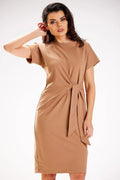 Robe de jour Infinite You élégante couleur camel manches courtes ceinture intégrée coupe ajustée Taille ajustable femme