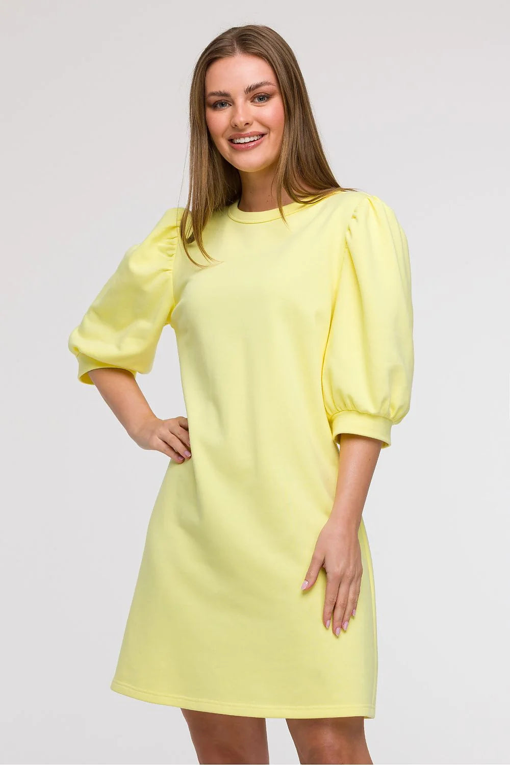 Robe de jour Be Wear jaune pâle manches 3/4 coupe ample style A ligne Polonaise femme été vacation ville