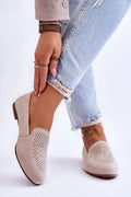 Mocassins pour femme en daim naturel motif décoratif talon plat semelle anti-dérapante cuir naturel intérieur souple confort élégance mode style