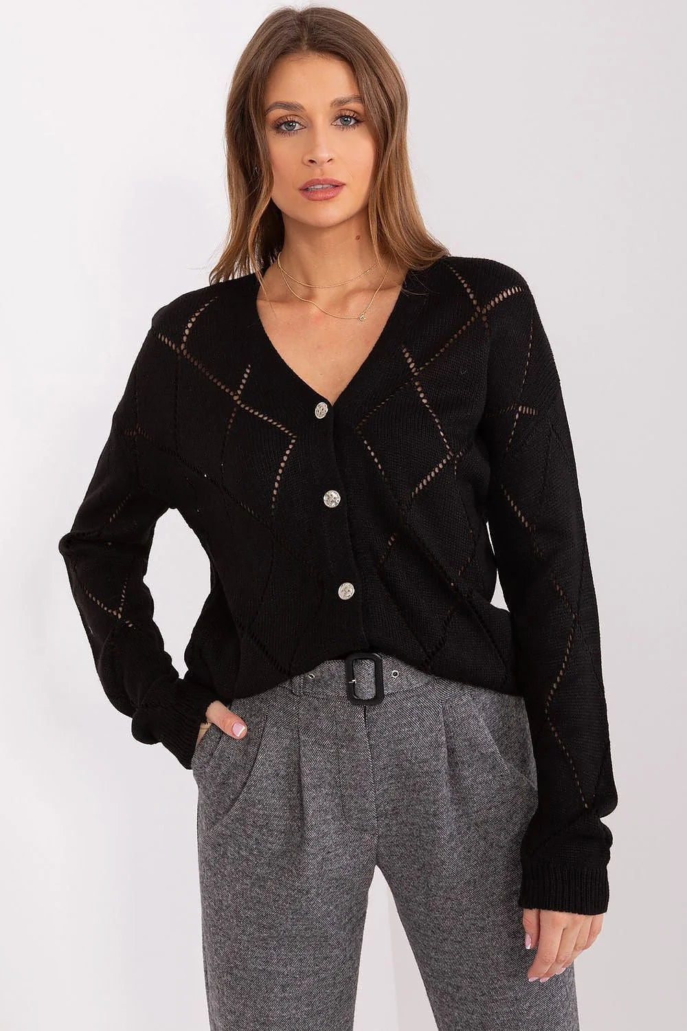Cardigan Rue Paris élégant pour femme noir motif losange bord côtes manches longues col V fermeture boutons oversize confort mode chaud