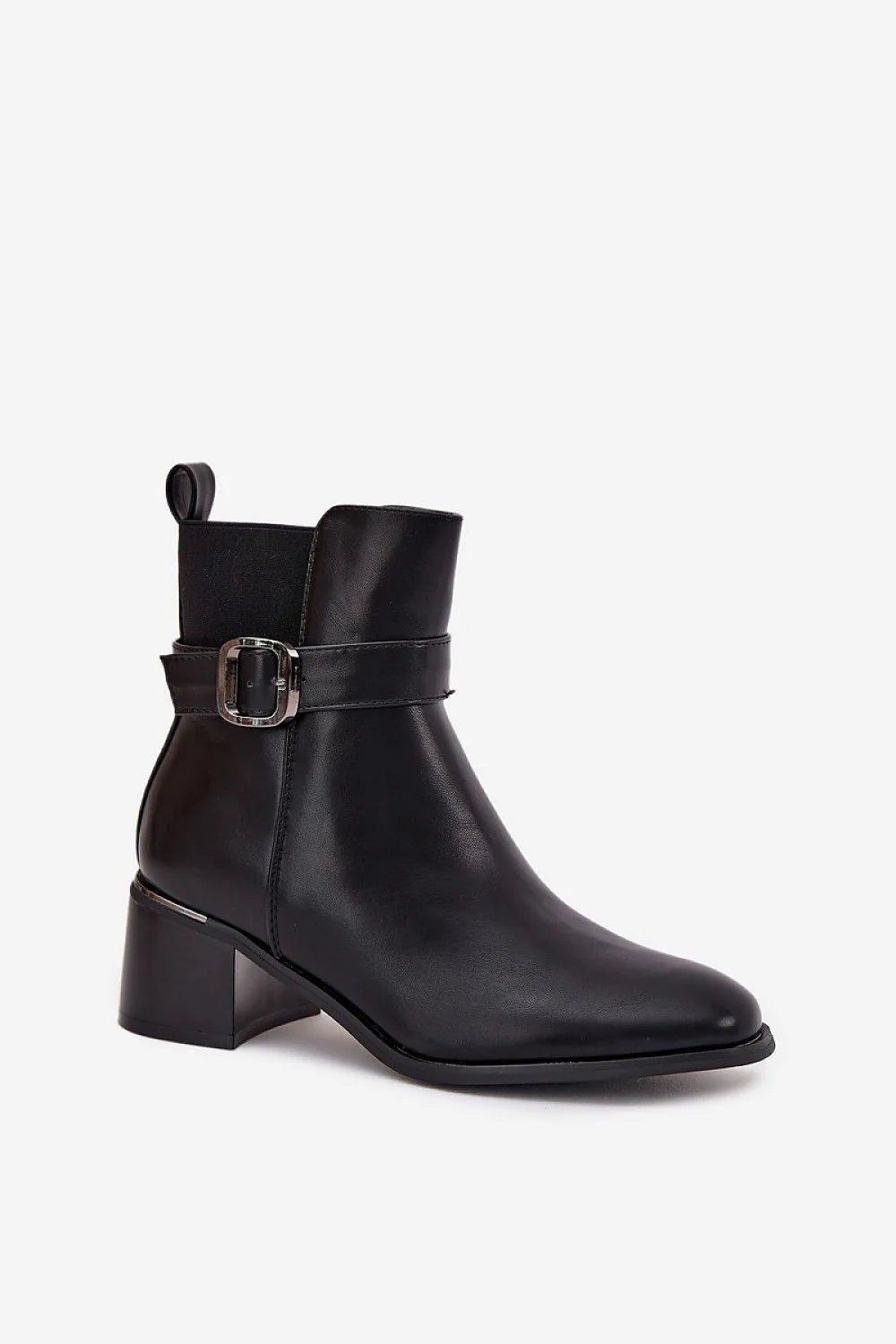 bottines femme noires cuir écologique talon bloc bas bout arrondi fermeture éclair latérale boucle argentée doublure chaude confort