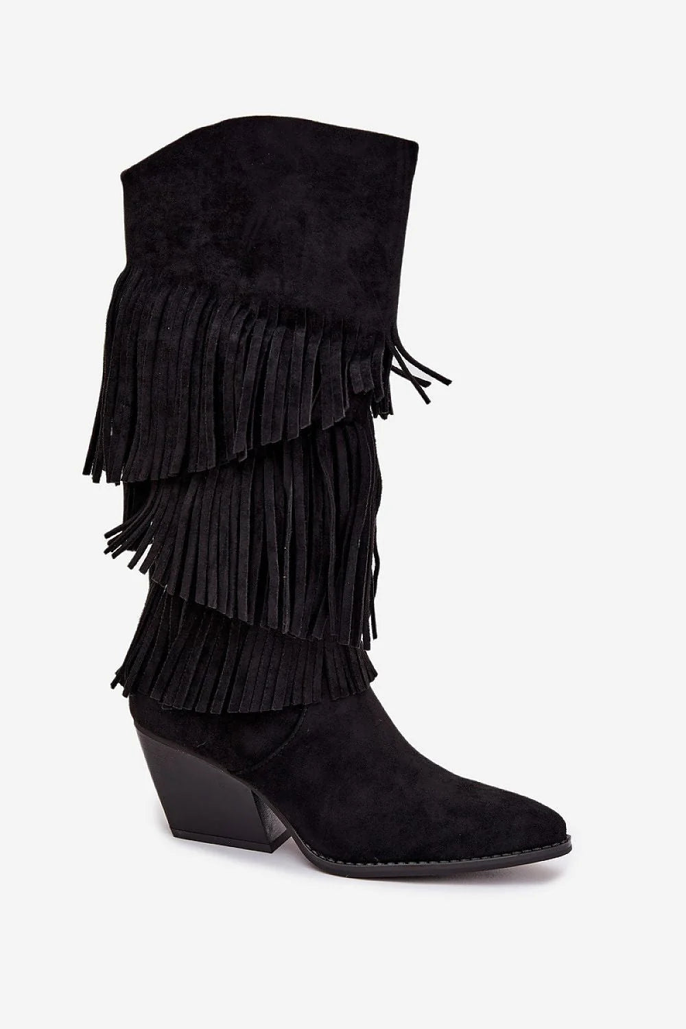 bottes western femme suédine écologique franges superposées bout pointu talon bloc moyen doublure fourrure fermeture eclair confort chaud boheme rock