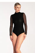Body élégant pour femme en viscose noire manches longues col montant dos avec ouverture teardrop ajusté